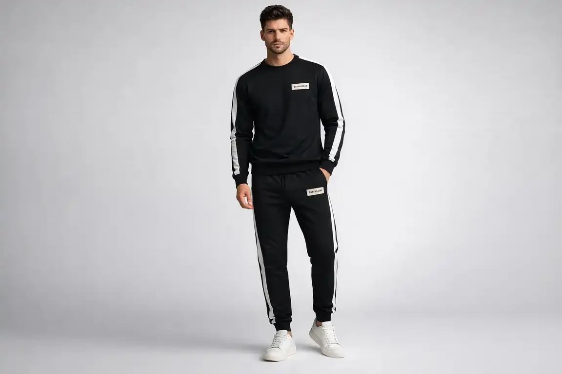 ست تیشرت آستین بلند و شلوار مردانه مدل Balenciaga مشکی سفید سایز XL | ست اسپرت بهاره با پارچه نرم و تنخور عالی