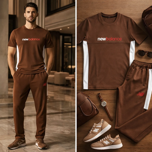 ست تیشرت و شلوار مردانه مدل NewBalance نسکافه ای | ست اسپرت بهاره با پارچه نرم و تنخور عالی