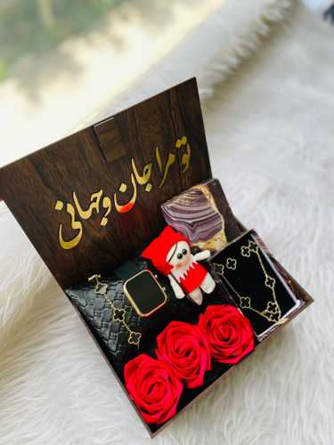 باکس هدیه چوبی زنانه و دخترانه پک کادو شیک ساعت و نیم ست ونکلیف ۱