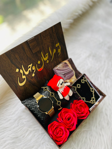 باکس هدیه چوبی زنانه و دخترانه پک کادو شیک ساعت و نیم ست ونکلیف ۱