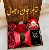 باکس هدیه چوبی زنانه و دخترانه پک کادو شیک ساعت و نیم ست ونکلیف مشکی