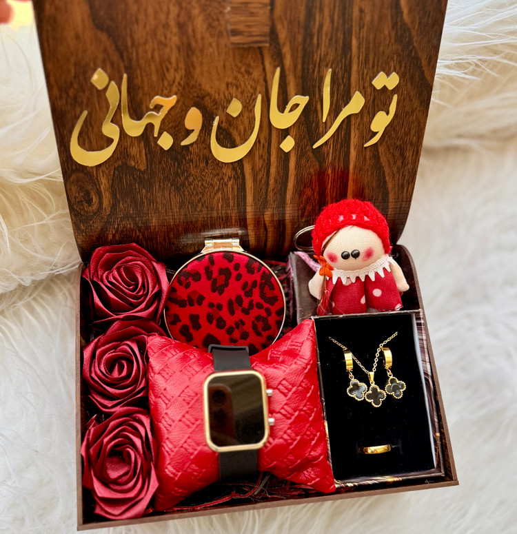 باکس هدیه چوبی زنانه و دخترانه پک کادو شیک ساعت و نیم ست ونکلیف مشکی